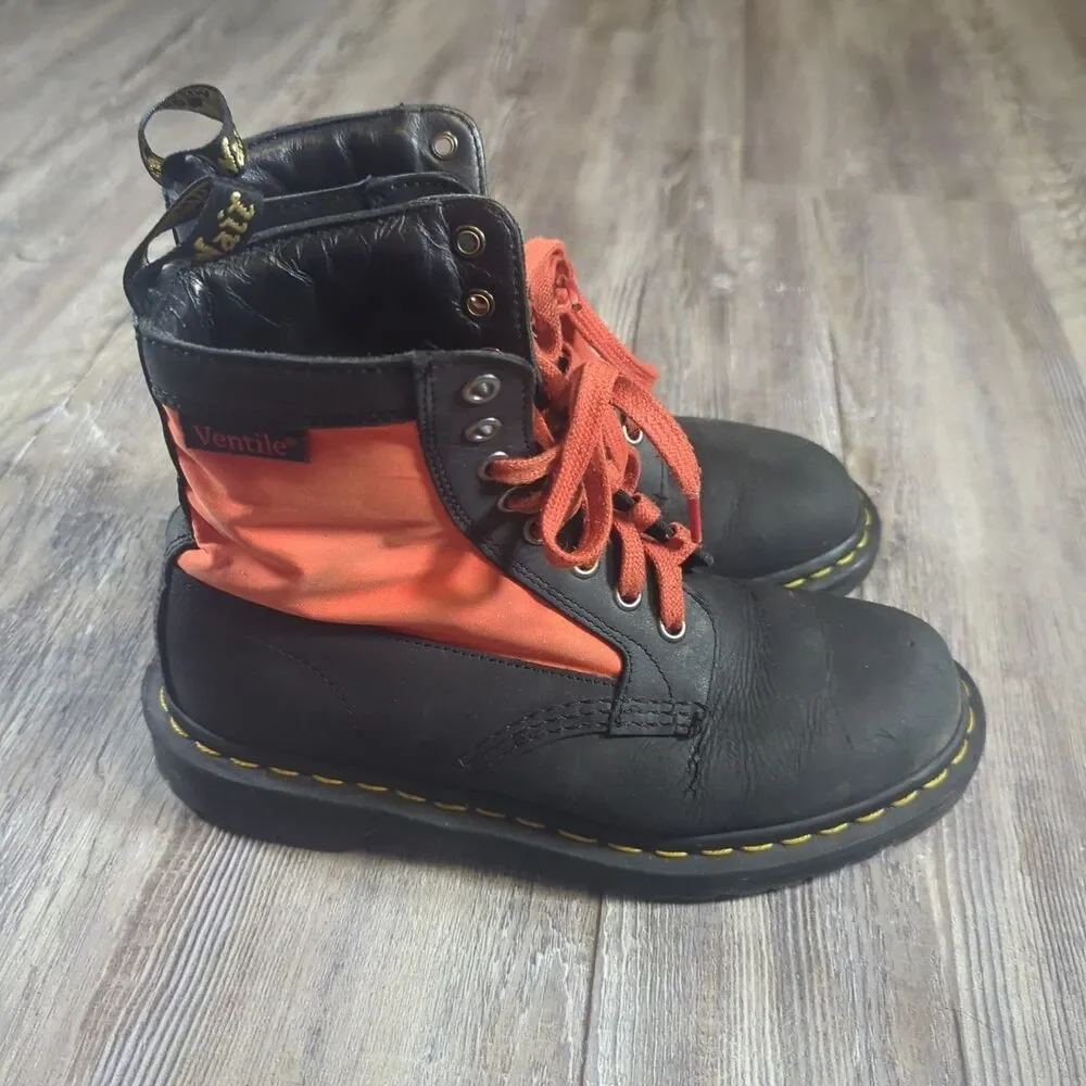 Dr. Martens 1460 Panel Made in England Leather Lace Up Boots Black Orange Mens 6